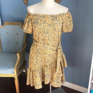 H&M yellow floral ruffled off shoulder balloon sleeves asymmetric dress size 0